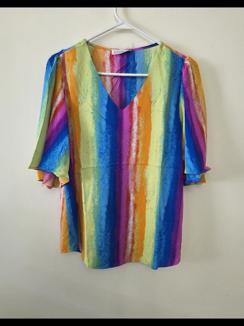 Emily Wonder NWT Rainbow Stripe V Neck Tunic Blouse Flutter Sleeve-Various